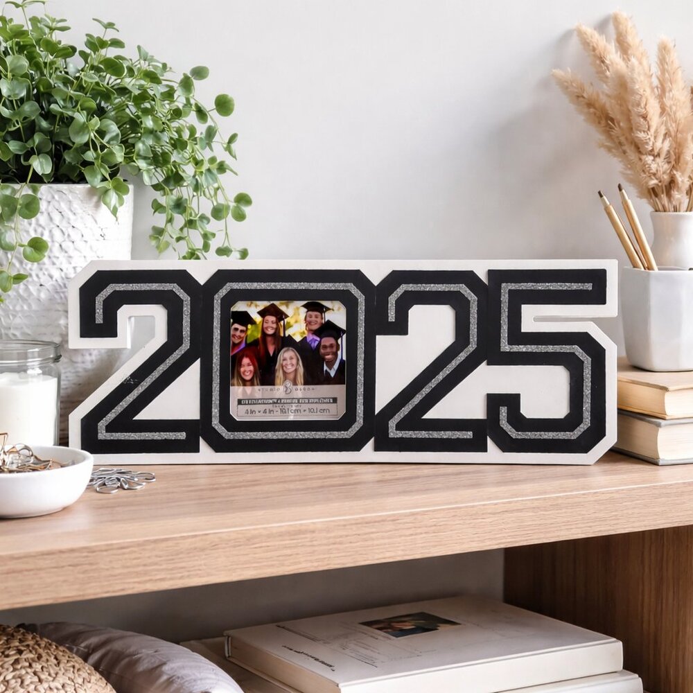 Studio Decor Photo Frame 4x4 Glitter Year Display Black Silver Minimalist Shelf